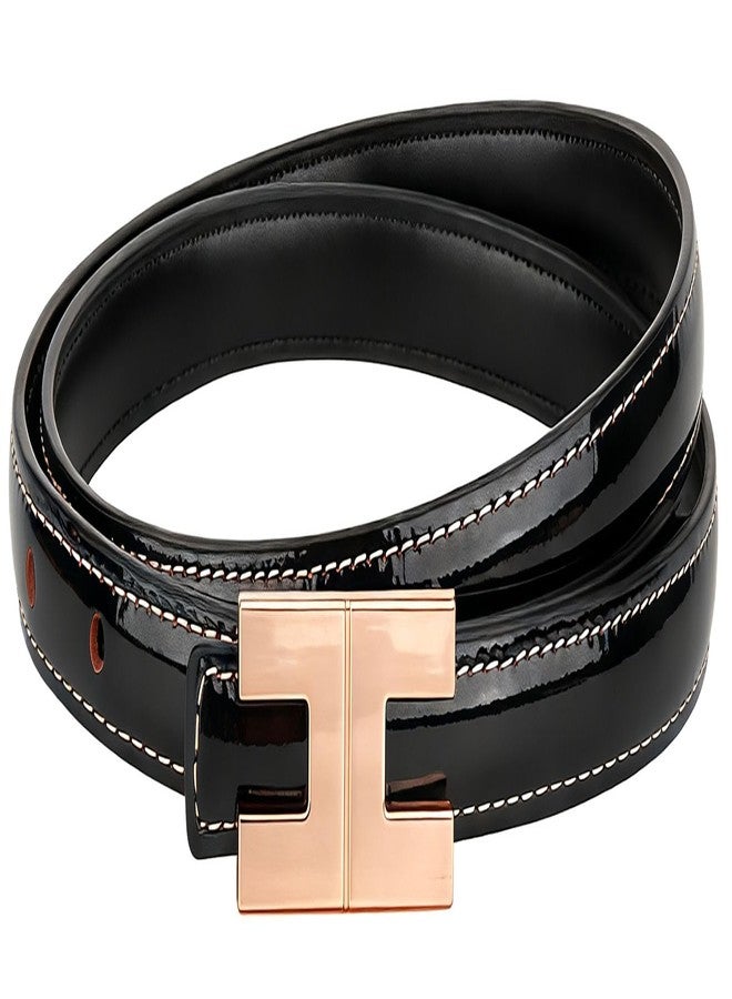 Yuangu Women Skinny Leather Belt for Jeans Pants Dresses Ladies Thin Patent Leather Belt with Gold Buckle (Black, 105cm/Fit Waist 24"-33") - Image 1